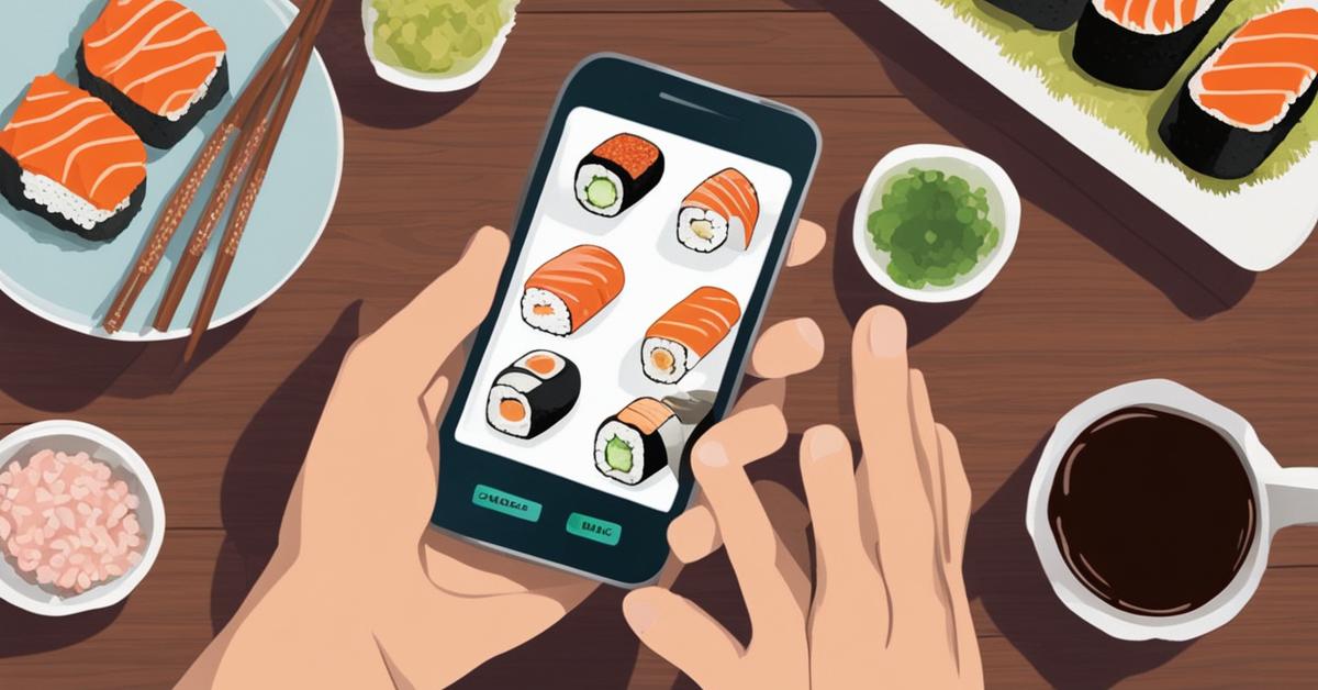 Ręce zamawiające sushi online za pomocą smartfona.