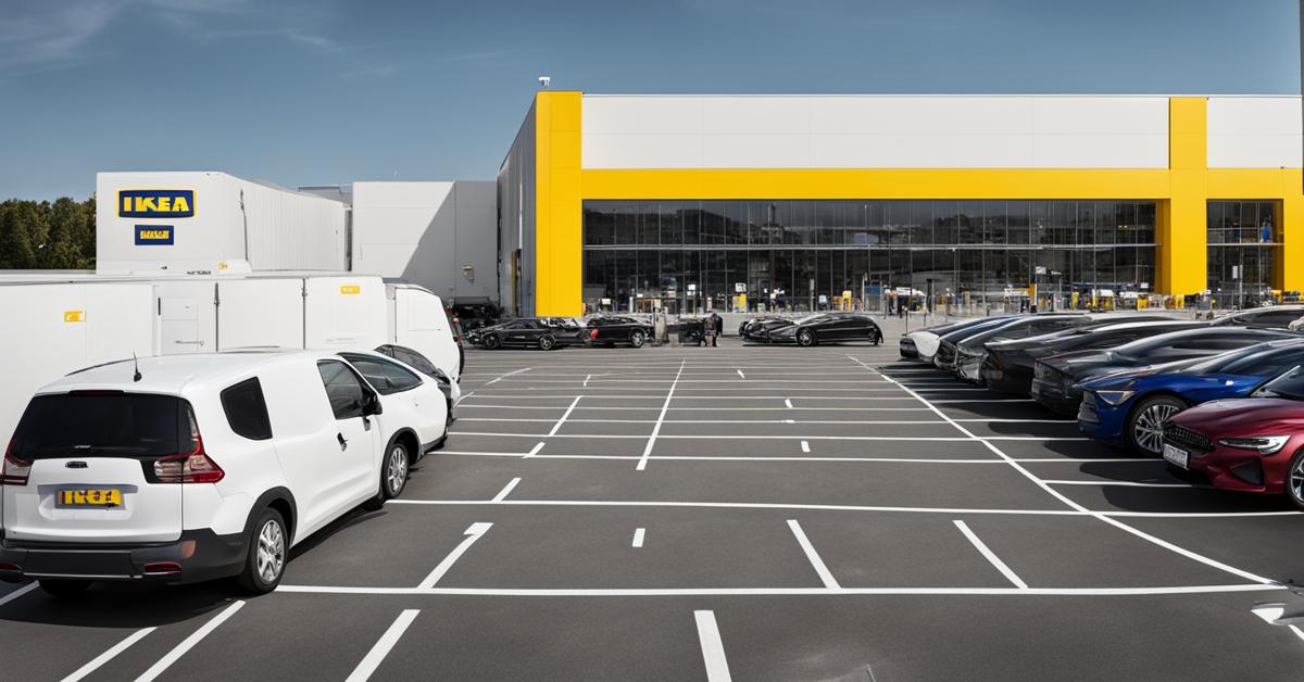 Zdjęcie parkingu przy punkcie odbioru zamówień IKEA, gdzie klienci ładują zakupy do samochodów.