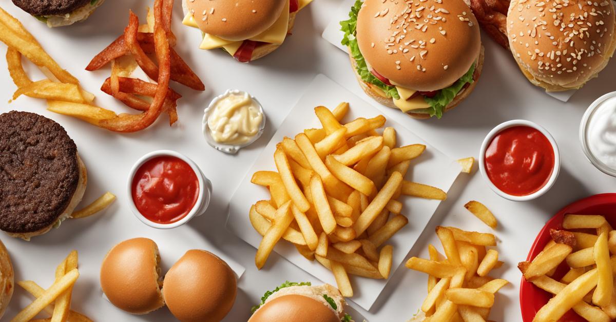 Zdjęcie z bliska, z góry, przedstawiające różnorodne dania z menu McDonald's w Częstochowie, takie jak burgery, frytki i śniadanie.