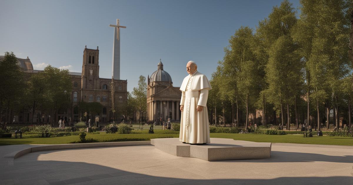 Duża statua Jana Pawła II w parku miniatur, otoczona miniaturowymi budynkami.