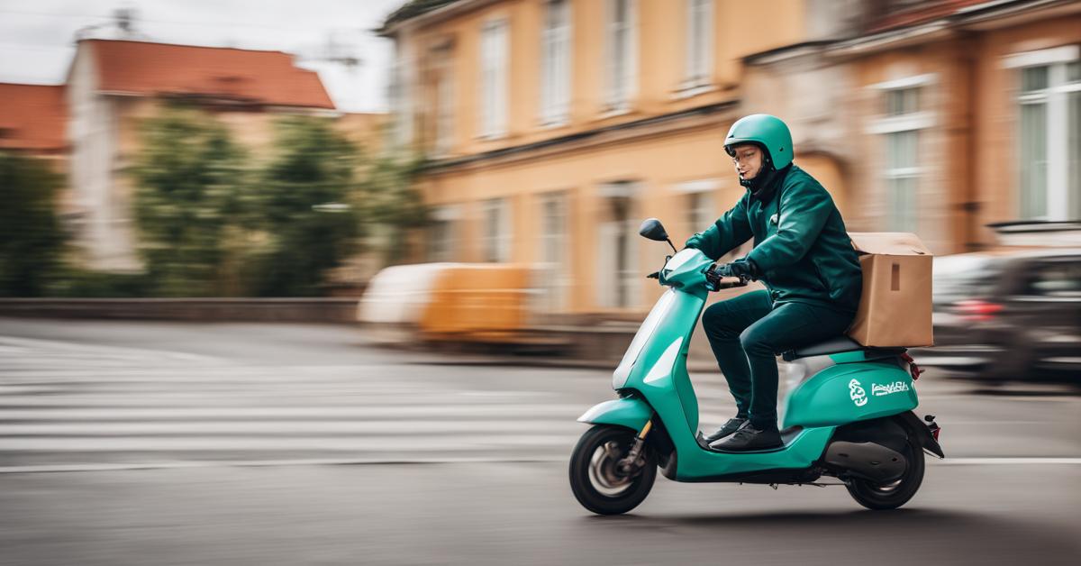 Dostawca na skuterze z torbą z jedzeniem, szybka dostawa w Częstochowie.