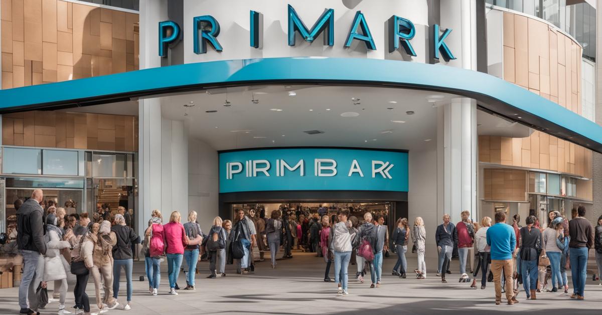 Grupa różnorodnych osób, w tym rodziny, stojących przed wejściem do centrum handlowego z widocznym znakiem Primark.