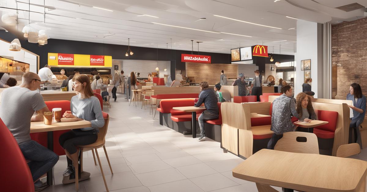 Wnętrze restauracji McDonald's w Częstochowie z widocznymi udogodnieniami dla niepełnosprawnych i klientami przy stolikach.