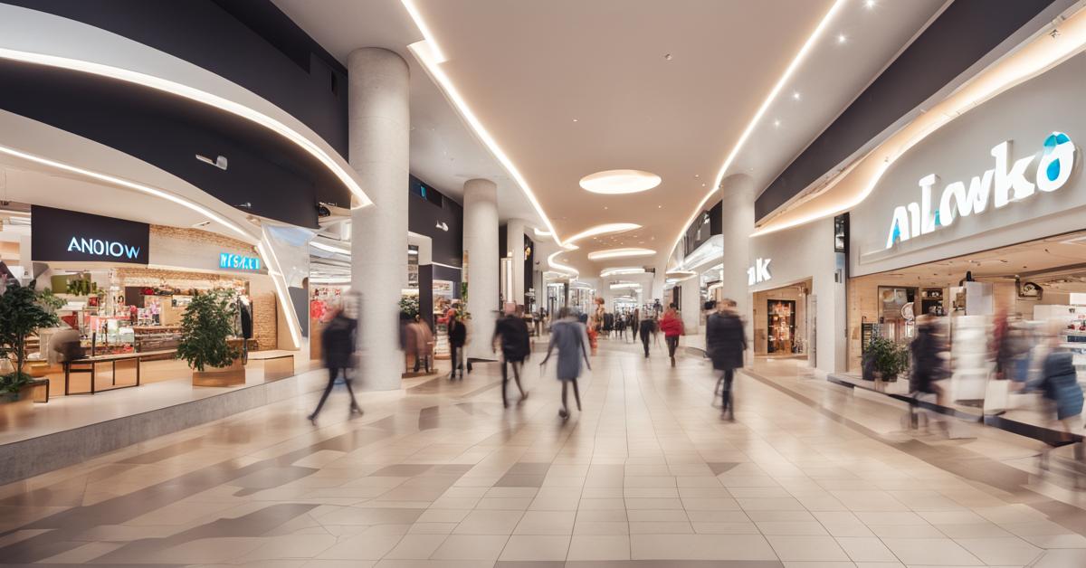 Wnętrze centrum handlowego Aniołów Park, przedstawiające różnorodne sklepy i klientów, z widocznymi szyldami Maxi Zoo, Media Expert i innych marek.