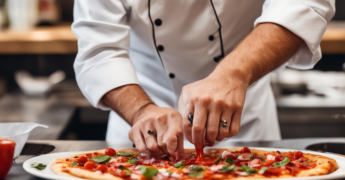 Zbliżenie na ręce kucharza przygotowującego pizzę z unikalnym sosem i świeżymi dodatkami.