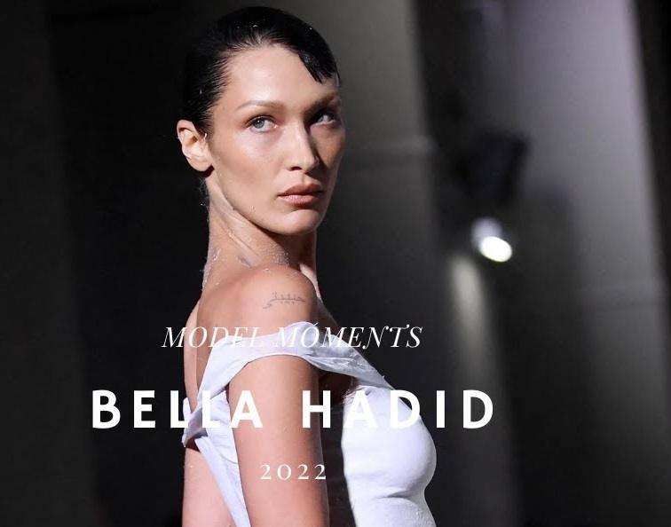 Kolaż zdjęć przedstawiających Bellę Hadid na wybiegach, okładkach magazynów i czerwonych dywanach, symbolizujący jej karierę i osiągnięcia w modelingu.